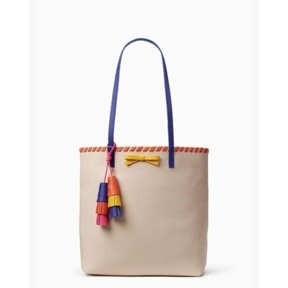 Kate Spade New York Beige Pebbled Leather Tote Bag Multi Color Tassel Bow Trim